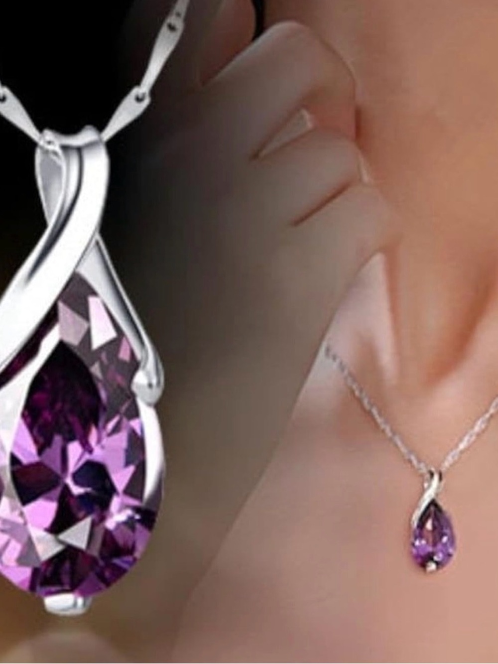 Elegant Silver Necklace with Purple Teardrop Gemstone